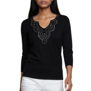 4/$20 Alfred Dunner Petite Black Beaded V Neck Knit Sweater Top PS